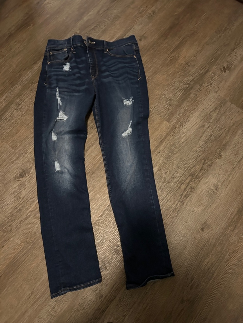 Express Women's Straight Leg Jeans - Dark Blue Distressed